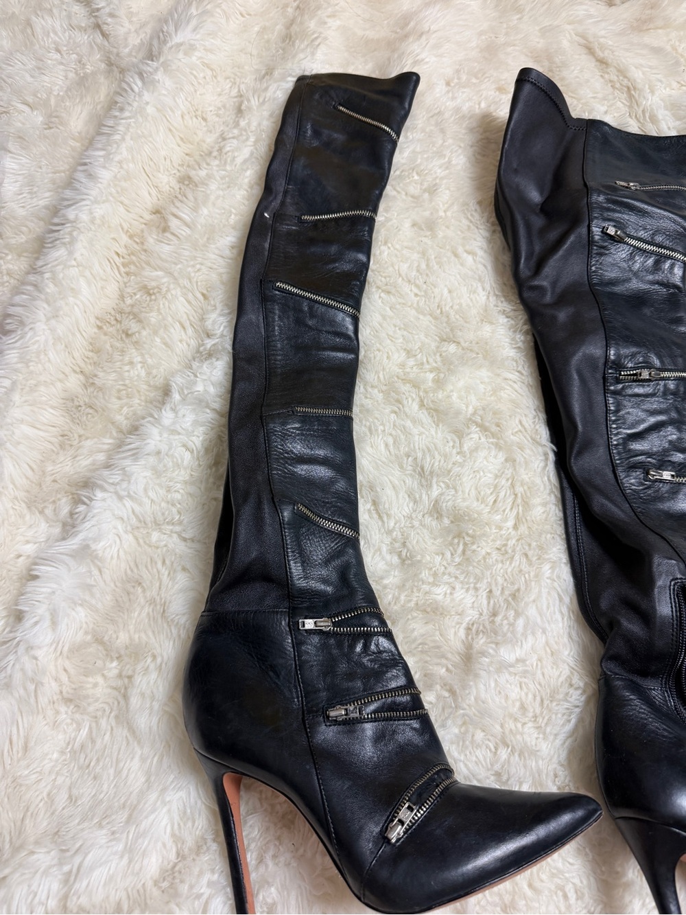 Schutz Black Leather Over-the-Knee Stiletto Boot with Zipper Accents size 6B